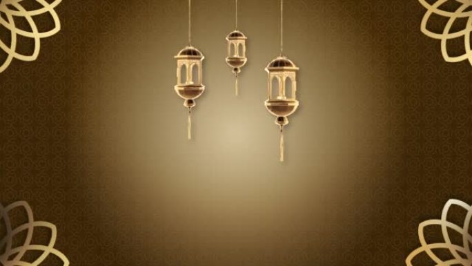 4k斋月问候设计理念与悬挂伊斯兰蜡烛或灯笼或灯与清真寺。