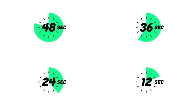 简单的60秒倒计时动画。60秒计时器，动画顺时针绿色圆圈孤立在白色背景上。