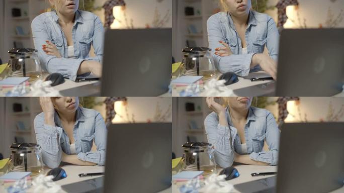 懒散的女人试图在笔记本电脑上工作，拖延和无聊