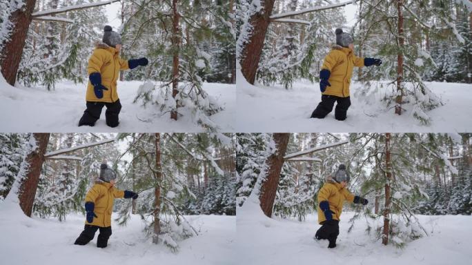 穿着黄色夹克和针织帽的小男孩冬天在森林里玩耍，孩子在探索自然