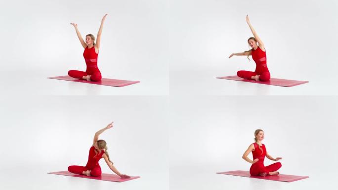 穿着红色运动服的美丽年轻女子在白色背景上做瑜伽或普拉提运动姿势。