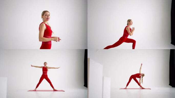 穿着红色运动服的女人看着相机进行训练，并在白色背景上讲述和展示瑜伽或普拉提的练习。瑜伽教练展示家庭课