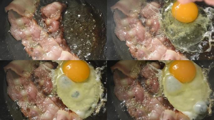 电锅上油煎猪肉培根和鸡蛋