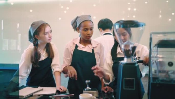 一群学生学习如何煮咖啡。