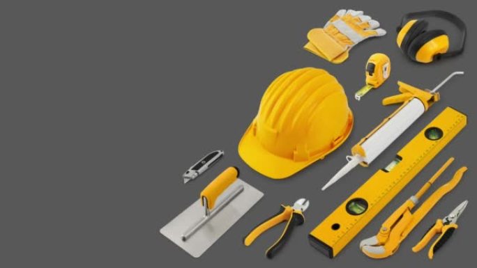建筑施工工具。黄色安全帽，工作设备隔离在灰色背景上。家庭服务维修概念或五金店展示横幅的布局。对象的俯