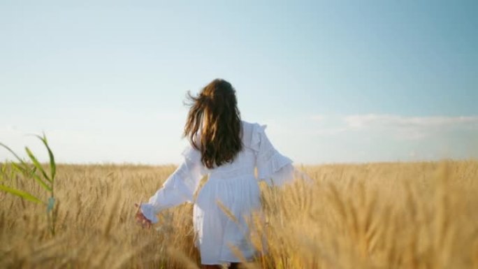 快乐的女人在阳光明媚的夏日在金色的黑麦球场上奔跑，后视，慢动作，自由和情感