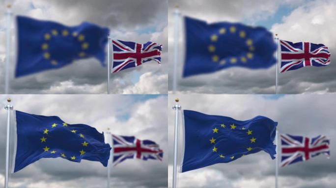 在多云的天空下，欧盟和英格兰的旗帜