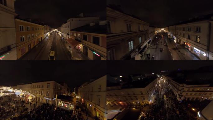 FPV无人机鸟瞰图圣诞装饰城市夜景