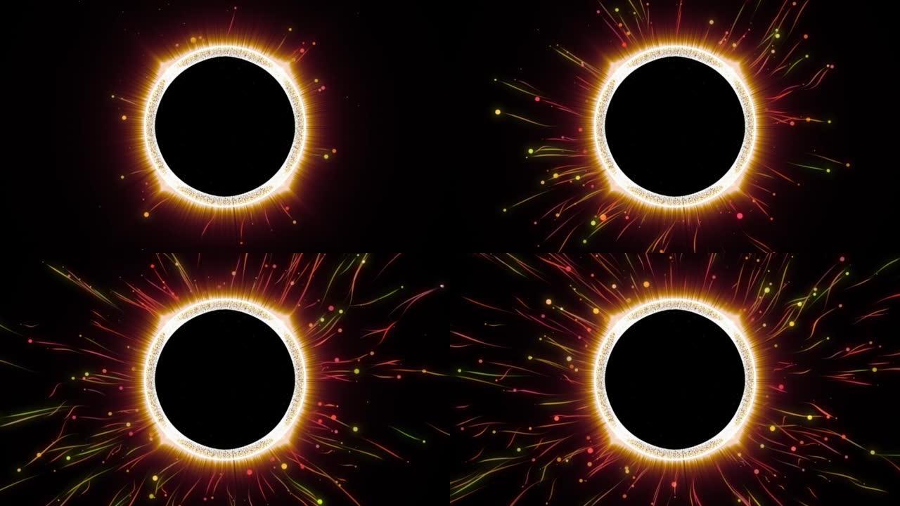 抽象金色闪光火花粒子圈空间。未来派黑洞模拟平视显示器。抽象圆圈闪亮的Auro背景。