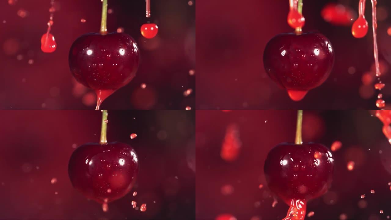 果汁中的樱桃在慢动作中飞溅深红色背景
