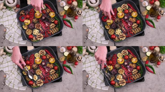 在家用厨房的烧烤煎锅中烹饪切成薄片的蔬菜