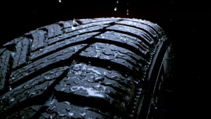 SLO MO LD水滴落在汽车轮胎表面