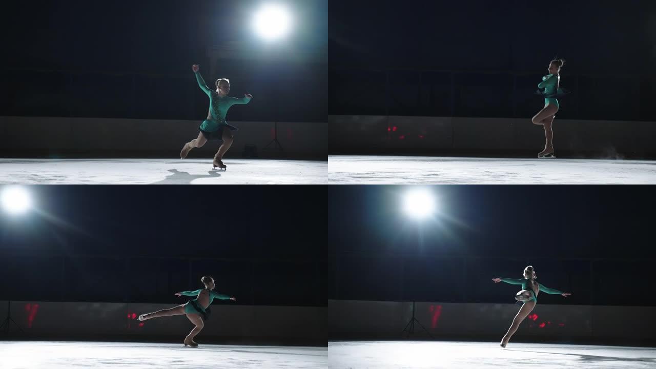 女孩溜冰者在冰猫的反灯下旋转三趾环进行跳跃。花样滑冰中的慢动作跳跃