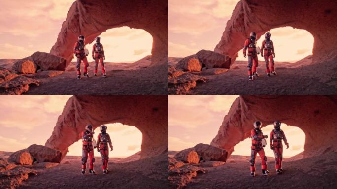 火星红色星球上的两名宇航员。外星星球上的日落