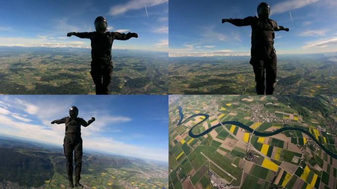 跳伞运动员飞越瑞士乡村景观