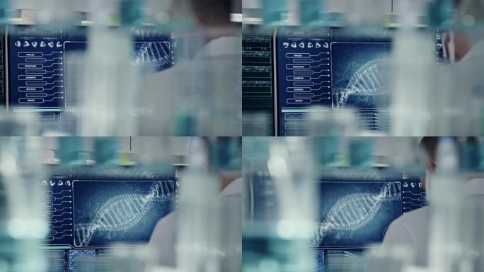 未来的实验室设备。DNA研究期间科学家的后视图。DNA螺旋变成粒子