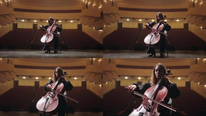 孤独的女人在歌剧院空荡荡的音乐厅里演奏大提琴，女大提琴家正在排练