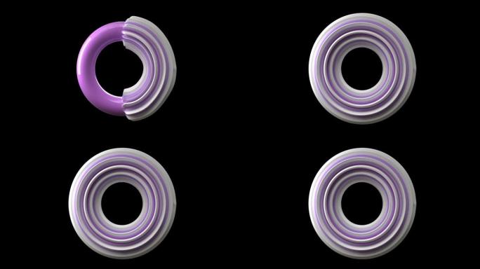 百吉饼形状的紫色塑料圈融化成黑色背景上的多层白紫色圆圈，并带有复制空间