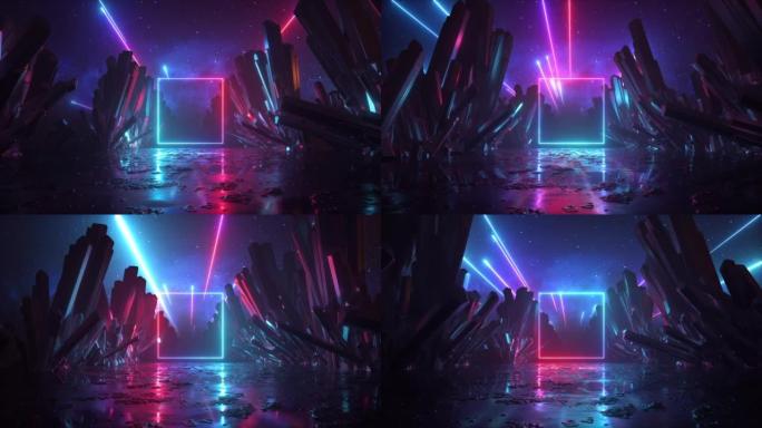 3d虚拟现实风景，配有霓虹方形框架、流星和水晶岩石。向后飞行外星景观，抽象的未来背景