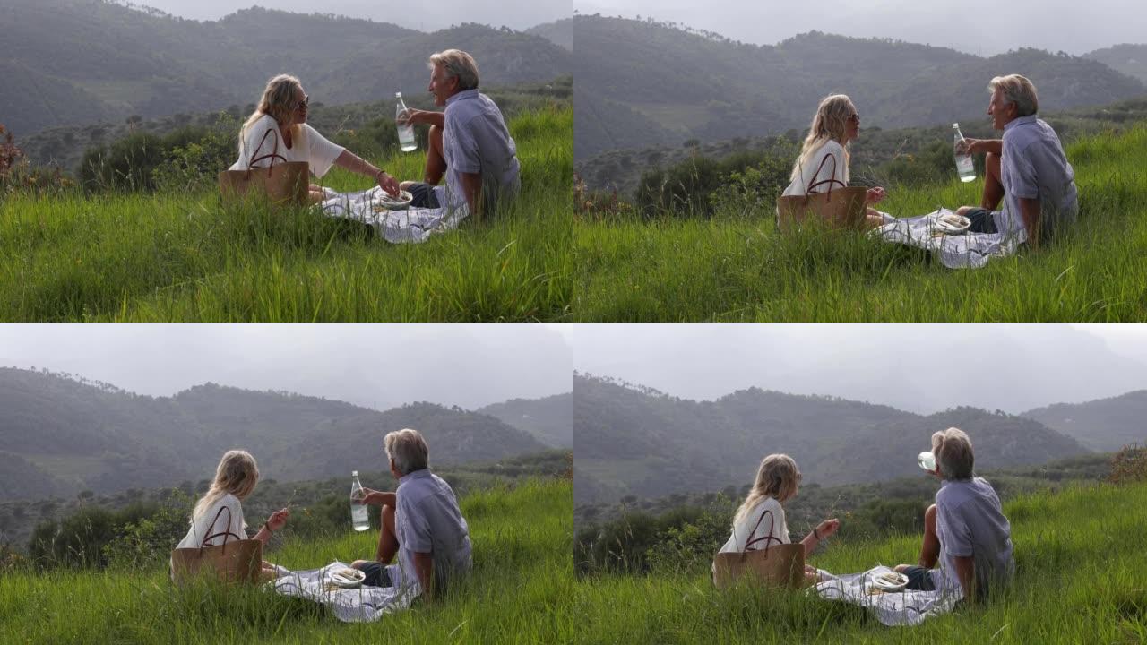夫妇在山区草地享受野餐