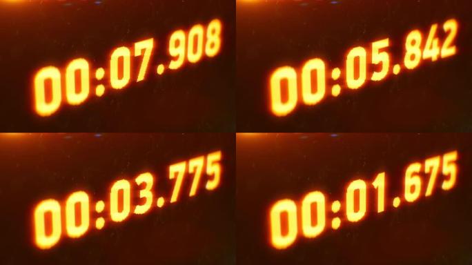 数字倒数计时器时钟，九到零，红色背景上的黄色数字