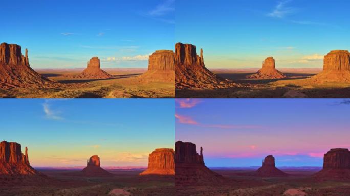 日落时的纪念碑谷。砂岩小山沙漠风景。时间流逝