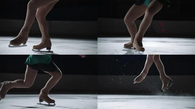 女子花样滑冰运动员在跳跃时的腿，冰鞋在冰上的特写镜头，训练或表演冠军，慢动作