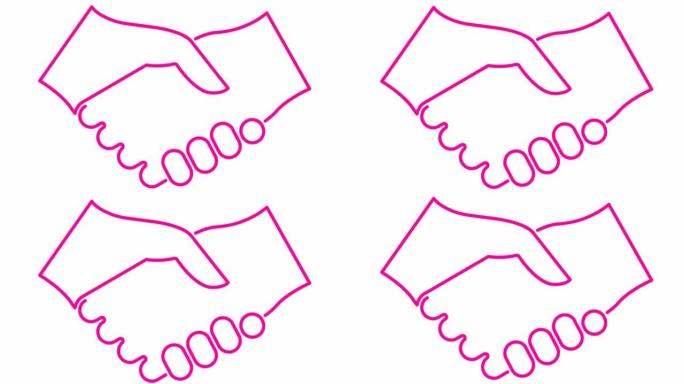 动画粉色握手图标。交易、协议、伙伴关系的概念。矢量线性插图孤立在白色背景上。