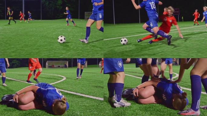 TS女球员在足球比赛中受伤后摔倒在地