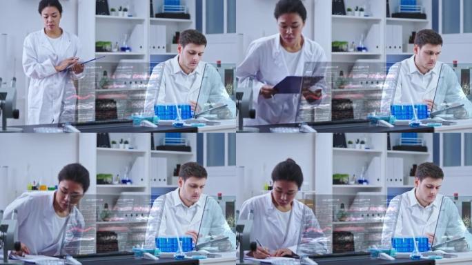 忙碌的女科学家在计算机屏幕上检查实验图，实验室