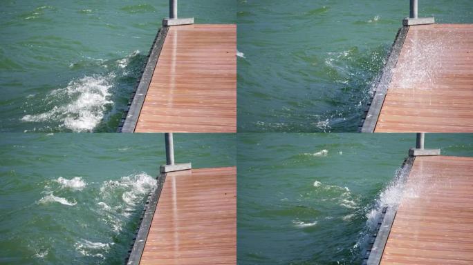 大风期间海浪撞击湖上码头的详细镜头