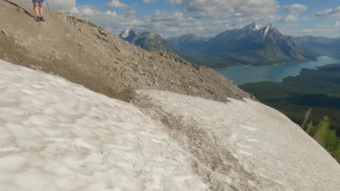 女徒步旅行者和宠物狗在山顶上享受时光