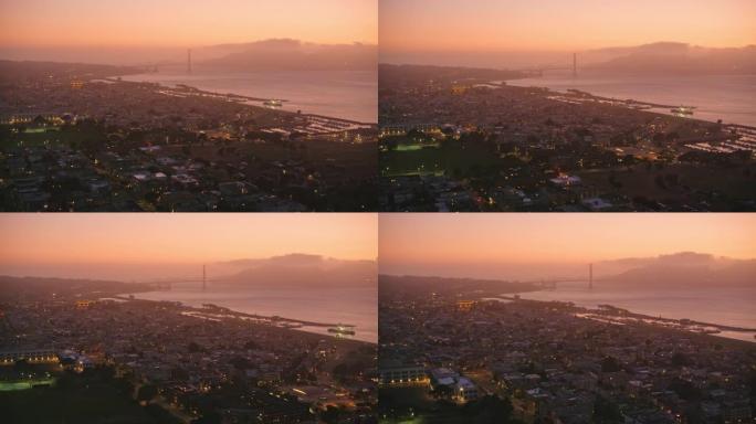 在旧金山上空飞行，黄昏时可以看到旧金山湾