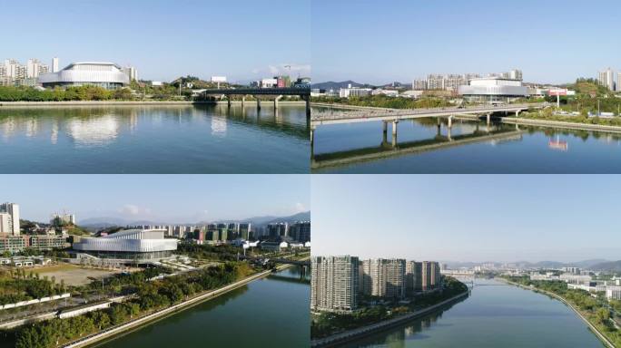 梅州市梅江两岸4k城市地标航拍