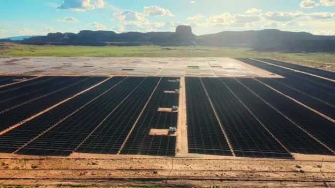 亚利桑那州太阳能农场的无人机空中飞行视图。绿色能源生产