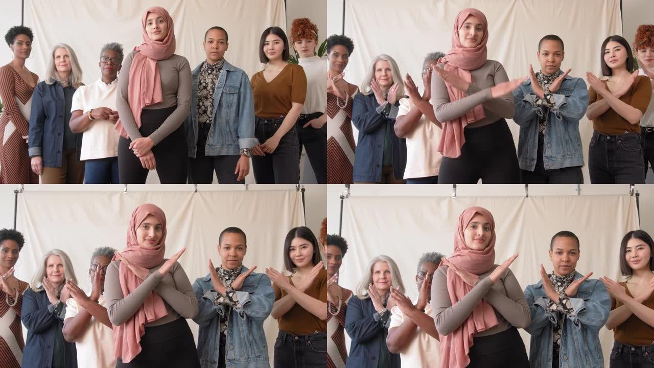 中东妇女穿着哈吉 (hajib) 手势的慢动作打破了与女性朋友支持国际妇女节的偏见
