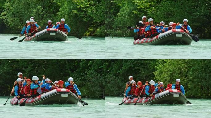 TS漂流小组成员在河上艰难地划船