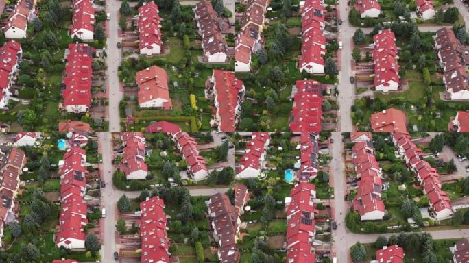 郊区居民区的航拍。郊区住宅的鸟瞰图拍摄。美丽的欧洲乡村地块，有波兰的房子。房地产投资业务