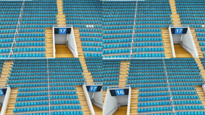 巨大体育场的空观众座位。无人机鸟瞰图