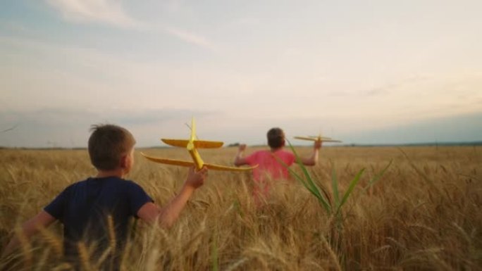 夏天或秋天，两个小兄弟在农田的麦田里玩耍和奔跑，后视