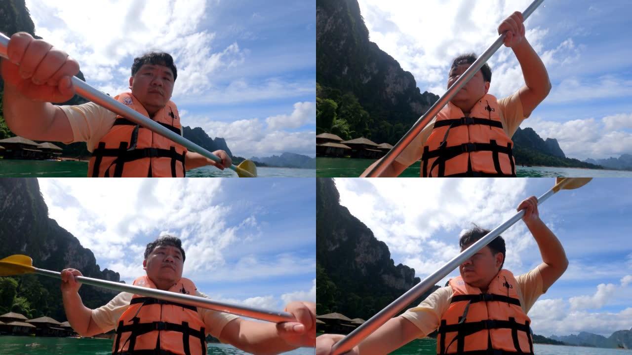 湖上的亚洲皮划艇娱乐湖泊探险体验