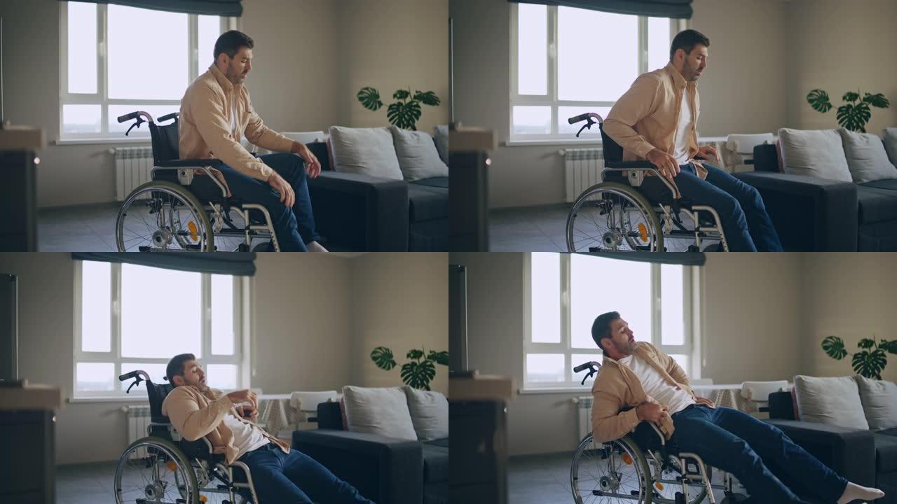 受伤的男子试图从轮椅上站起来，有残疾的生活，有动力
