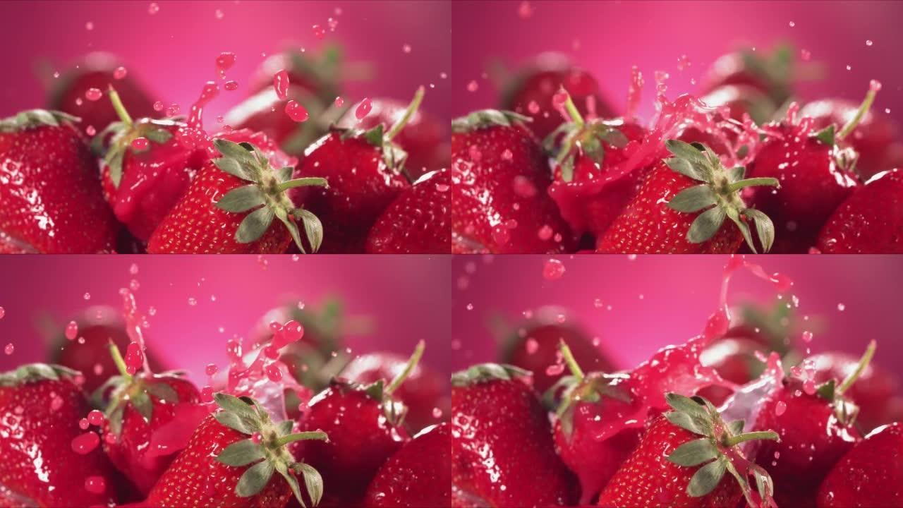 草莓汁溅过草莓的慢动作镜头