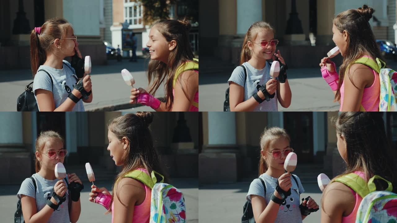 两名青少年在城市广场吃冰淇淋