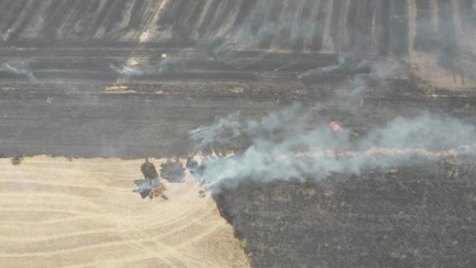 扑灭了农田大火。就在一片庄稼着火后。直升机的鸟瞰图。棕灰色的烟雾和红色的小火焰。