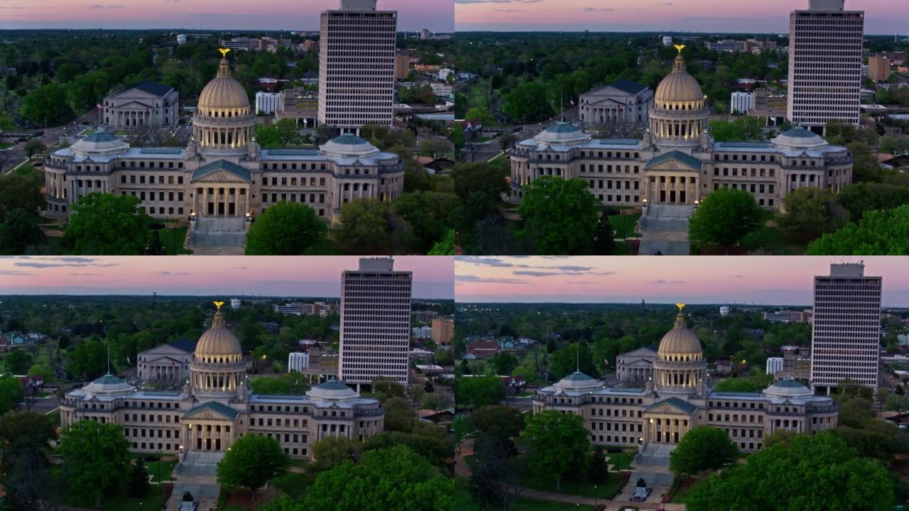 密西西比州议会大厦向后移动的空中建立拍摄