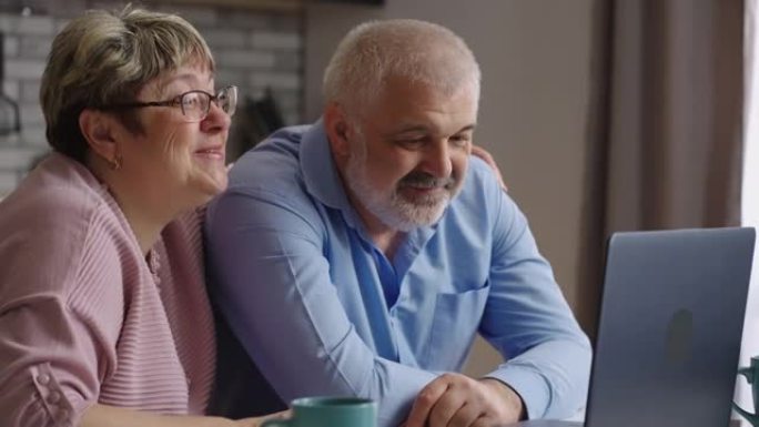 快乐的老年配偶向笔记本电脑的网络摄像头挥手，与朋友或家人在线聊天