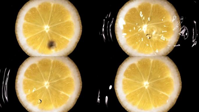 柠檬片上落水的超慢动作。在高速电影摄影机上拍摄