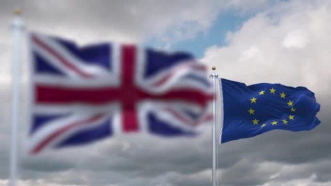 在多云的天空中，英格兰和欧盟的旗帜