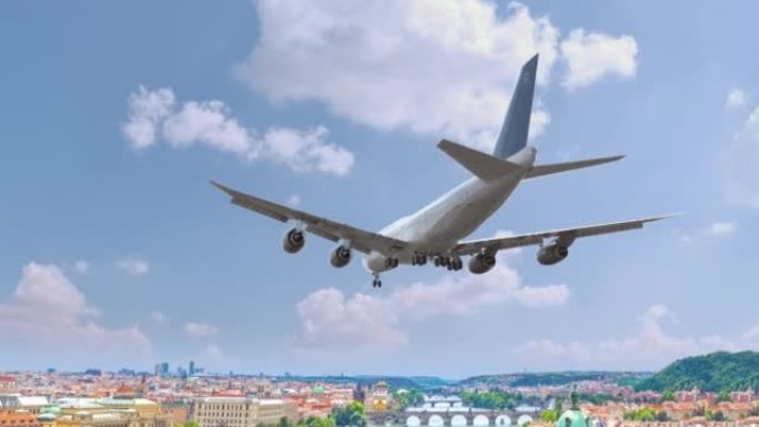 飞行和降落布拉格捷克的客机。飞机概念